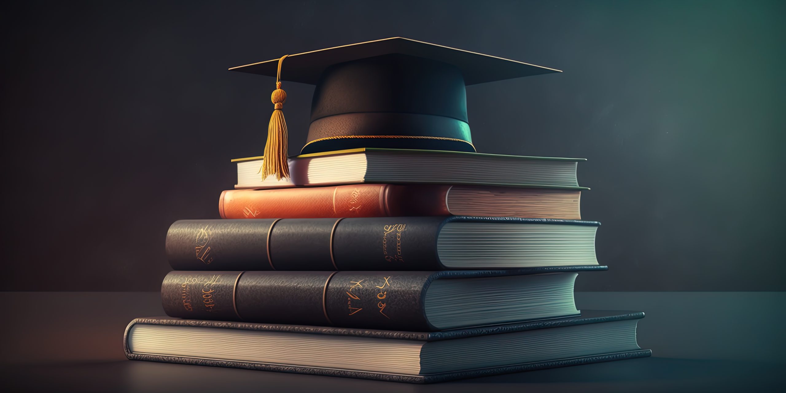 Stack of books and a graduation cap on a chalkboard background. AI-Generated Stack of books and a graduation cap on a chalkboard background. AI-Generated